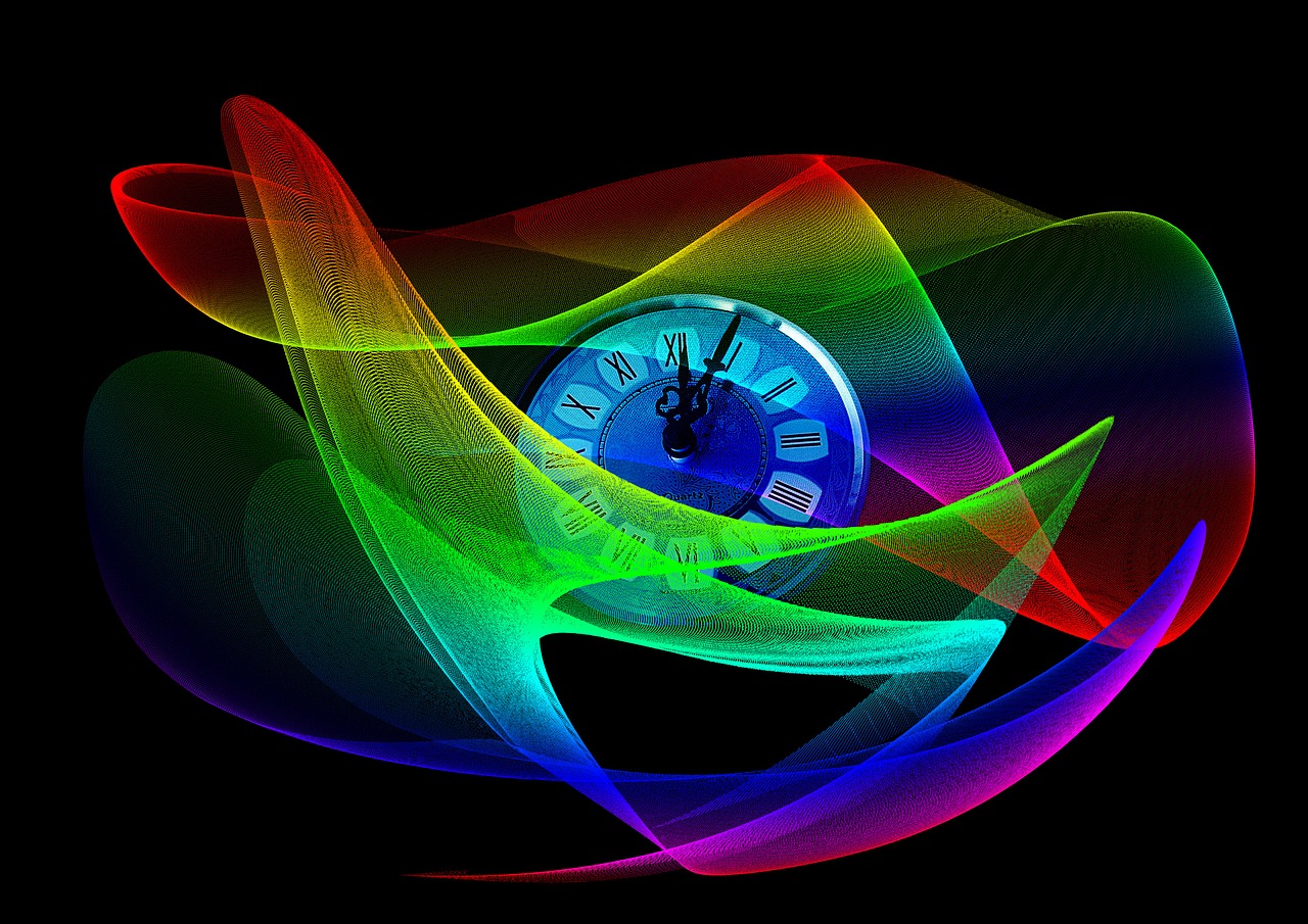 Clock graphic partially hidden by multi-coloured digital waves