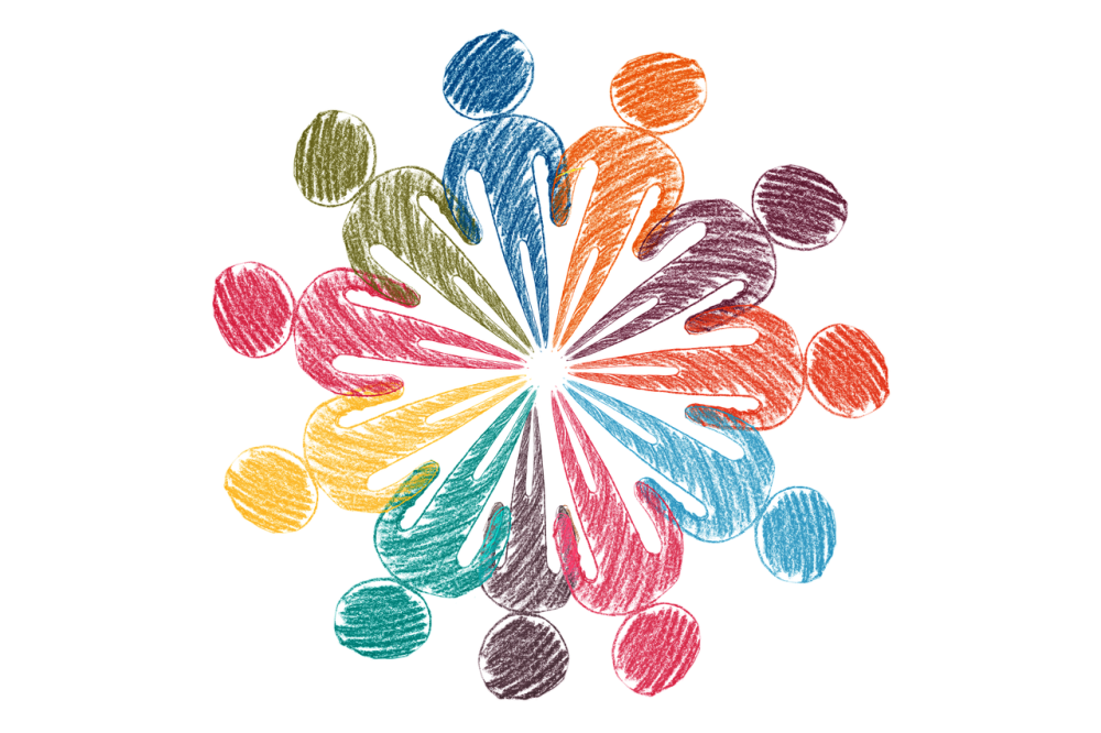 Image graphic of people, each a colour of the rainbow, holding hands in a circle