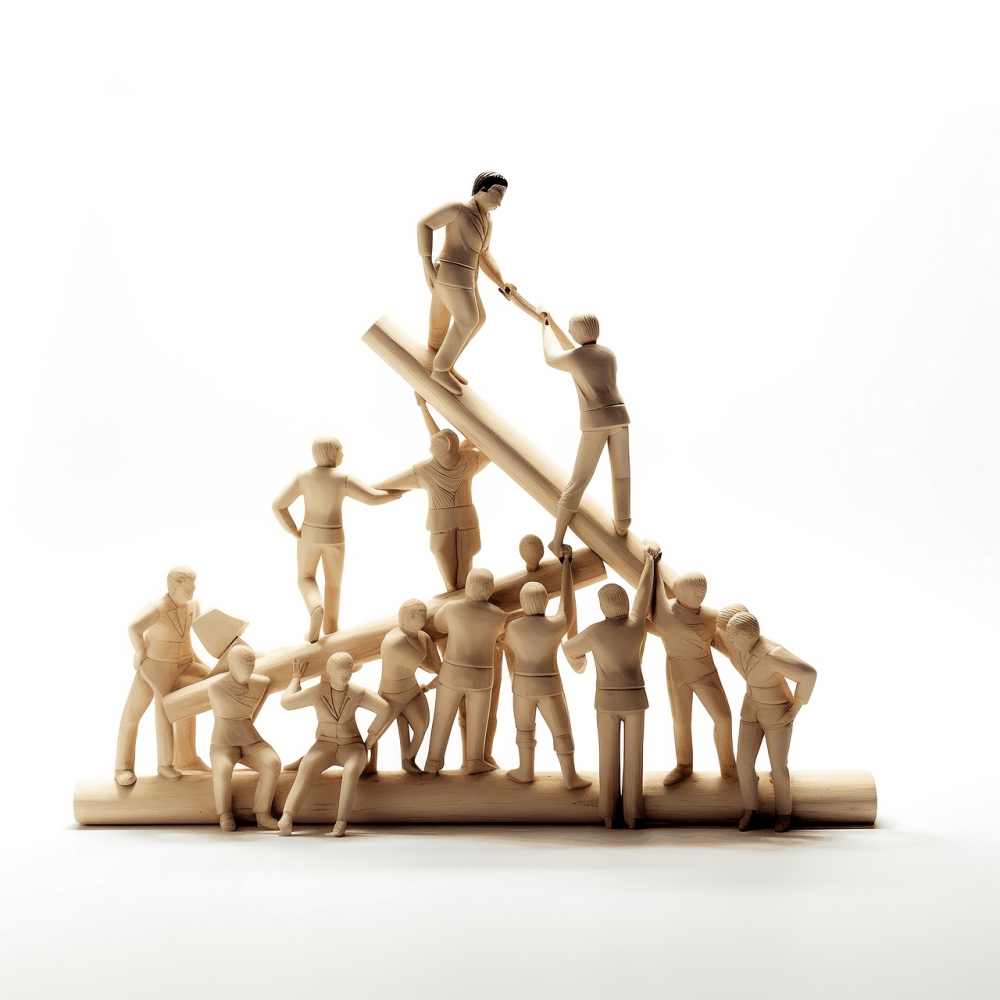Wooden human-shaped figures helping each other interact in a pyramid shape